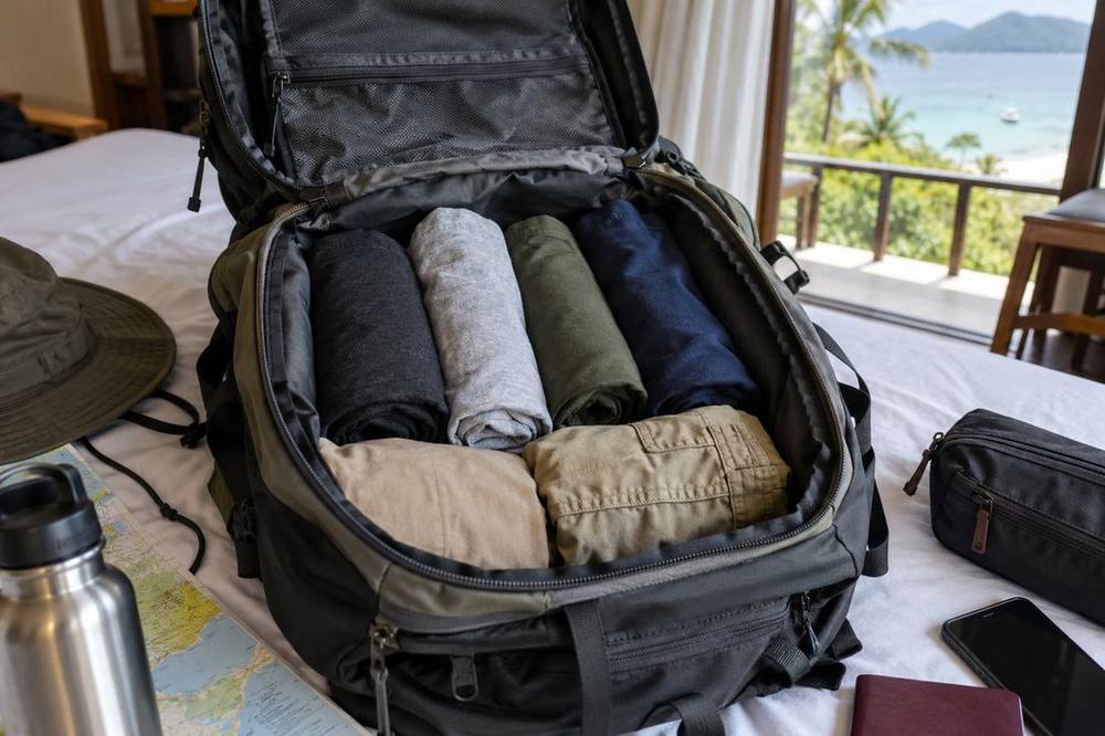 Rolled T-shirts and shorts packed neatly inside a backpack
