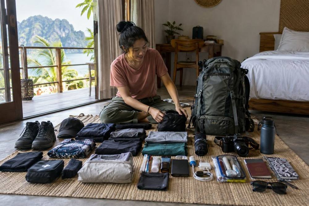 One week of travel gear laid out beside a 30 litre backpack