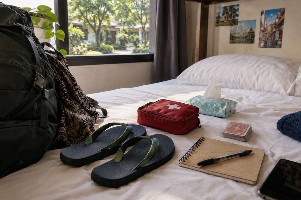 Backpacker essentials laid out on a hostel bed: flip-flops, first aid kit, tissues, cards and notebook
