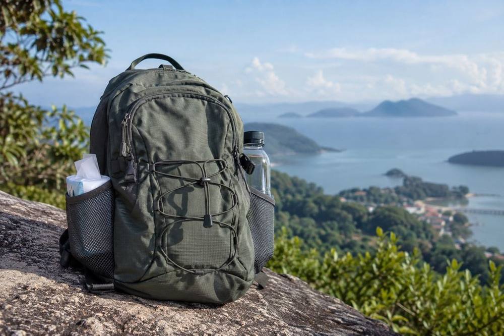 Daypack with tissues and water bottle ready for a day out in Malaysia