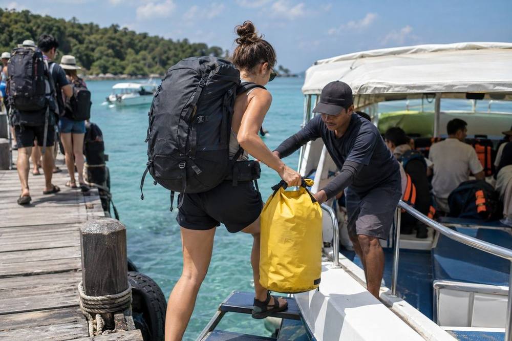 Backpacker with a dry bag boarding a speedboat to a Malaysian island