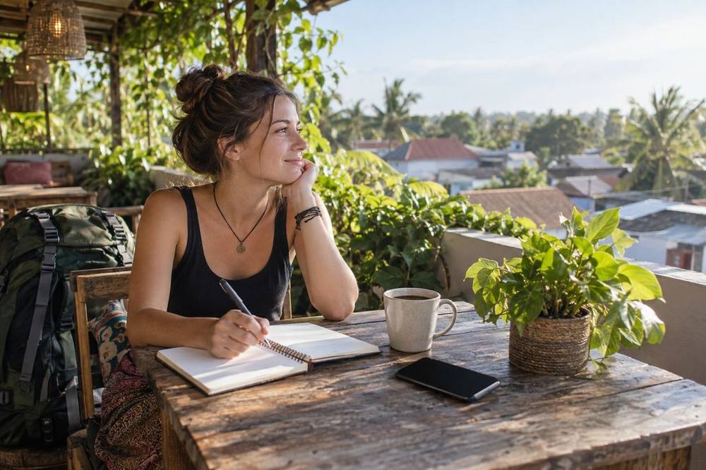 First-time backpacker planning the day at a hostel
