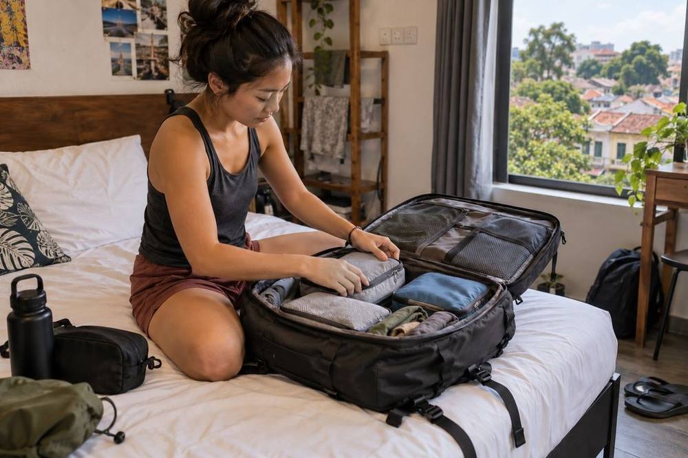 Clamshell travel backpack open on a hostel bed in Malaysia