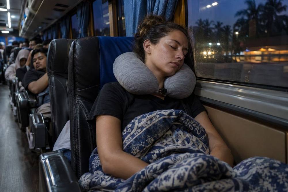 Traveller sleeping on an overnight bus with a neck pillow and jacket
