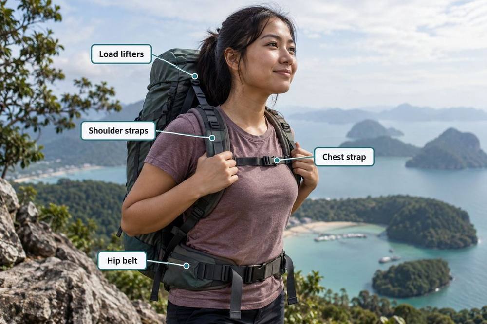 Correctly adjusted travel backpack straps from hip belt to chest strap