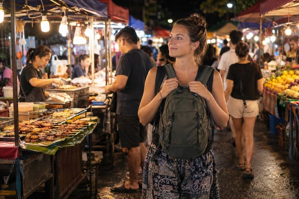 Wearing a daypack on the front in a crowded Malaysian night market