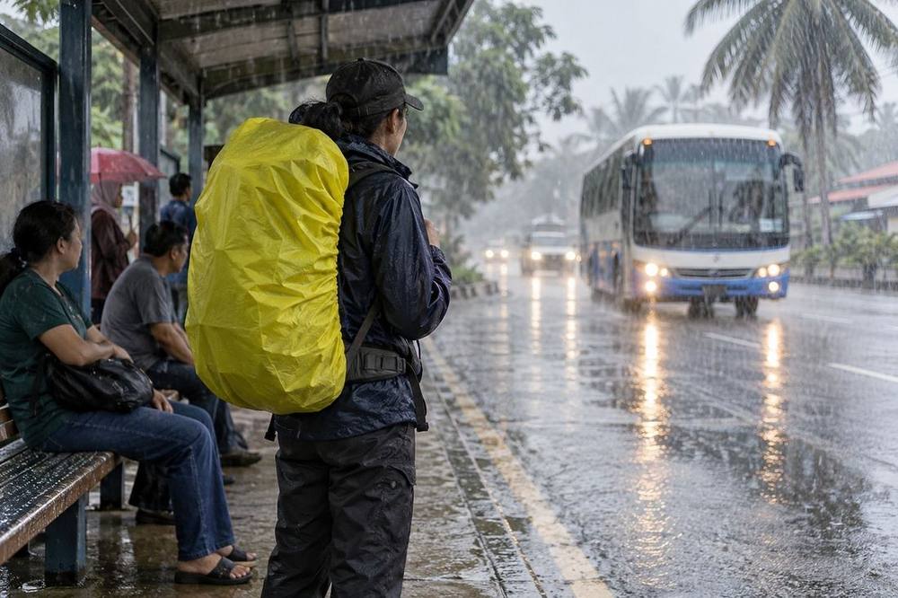 Backpack with a rain cover during a monsoon downpour in Malaysia
