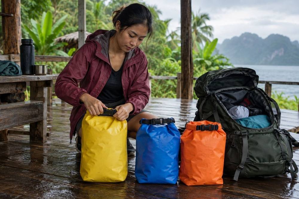 Small dry bags organising passport, clothes and electronics in a backpack