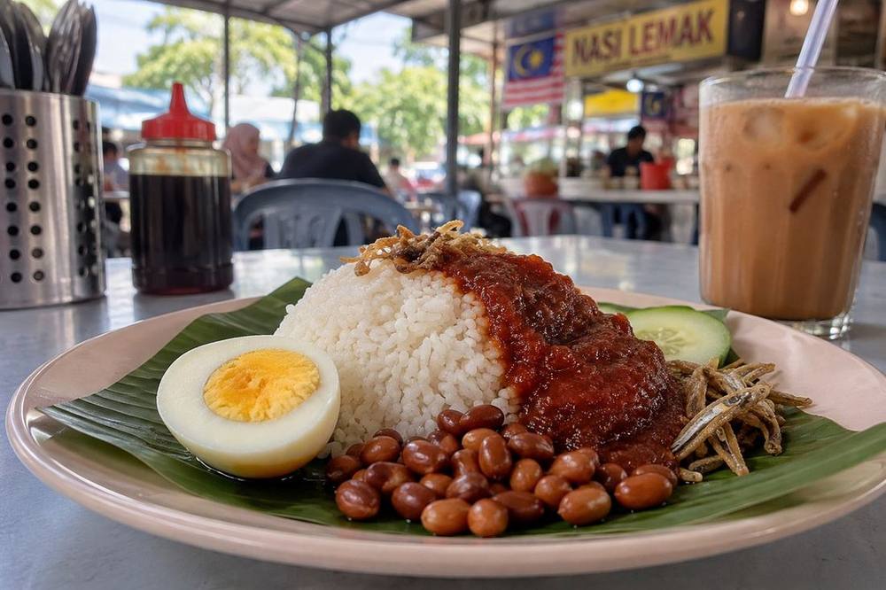 Nasi lemak with sambal, boiled egg and peanuts at a Malaysian hawker stall