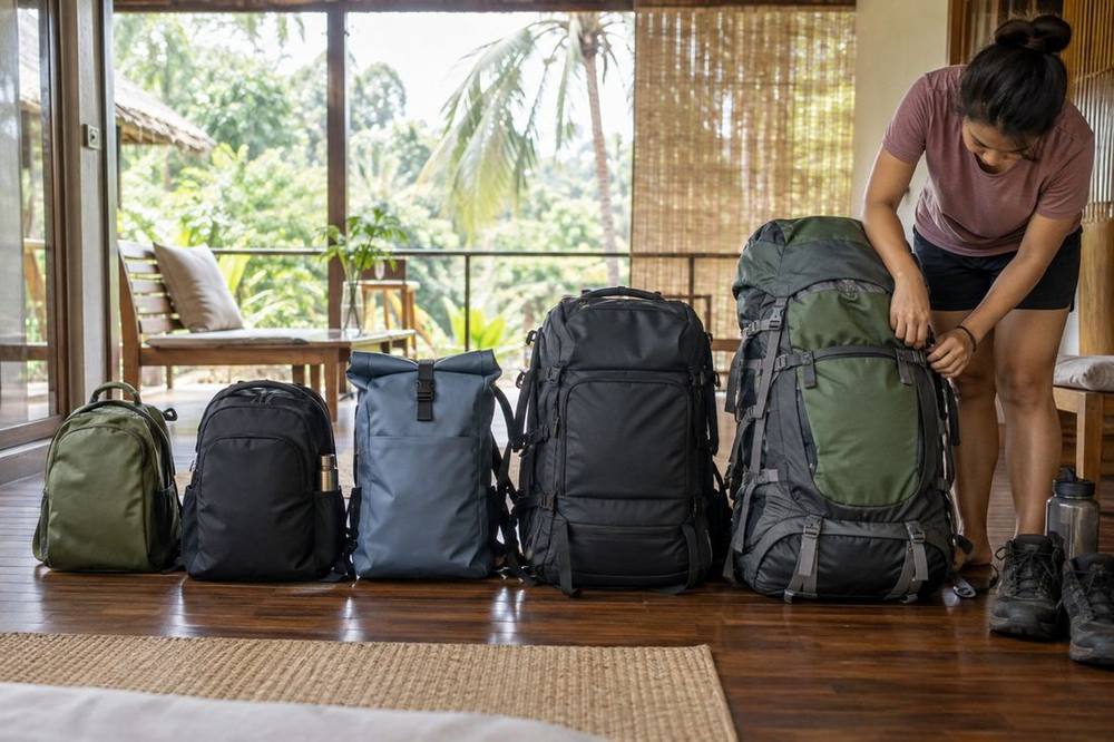 Different types of backpacks laid out side by side