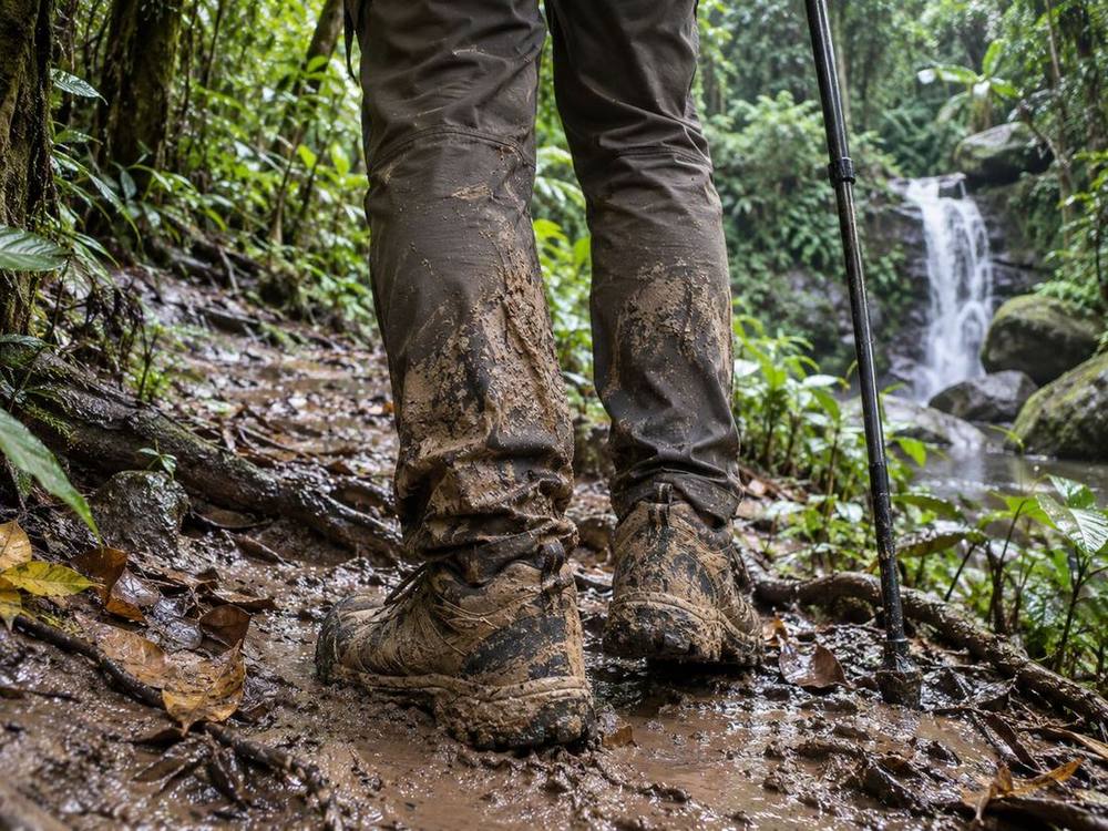 Muddy quick-dry trousers and hiking boots after a jungle trek in Malaysia